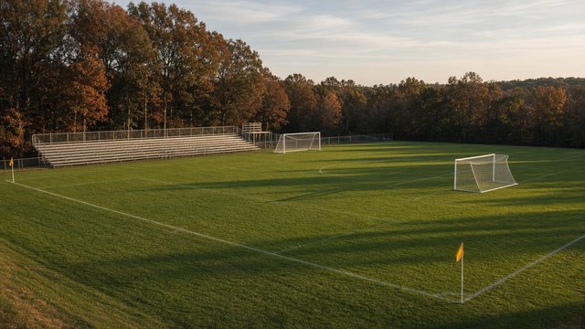 Photorealistic late-afternoon photo of an empty high school soccer field with two goals and corner flags, the bleachers empty and long autumn shadows across the grass