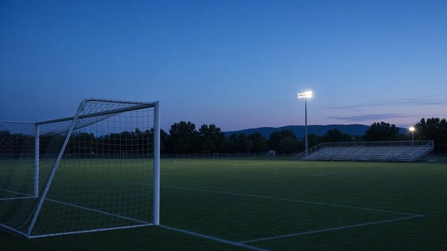 Photorealistic dusk photo of an empty high school soccer field under lights, a goal and net in the foreground and empty aluminum bleachers along the far sideline
