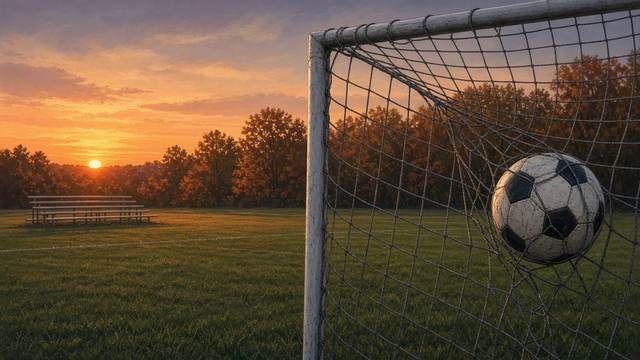 A soccer ball in the back of a goal net on a grass field at sunset, with bleachers and autumn trees beyond
