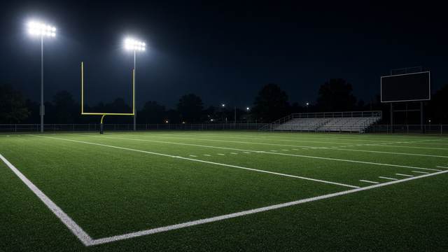 An empty high school football field under stadium lights at night.