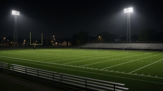 Empty high school football field under stadium lights at night