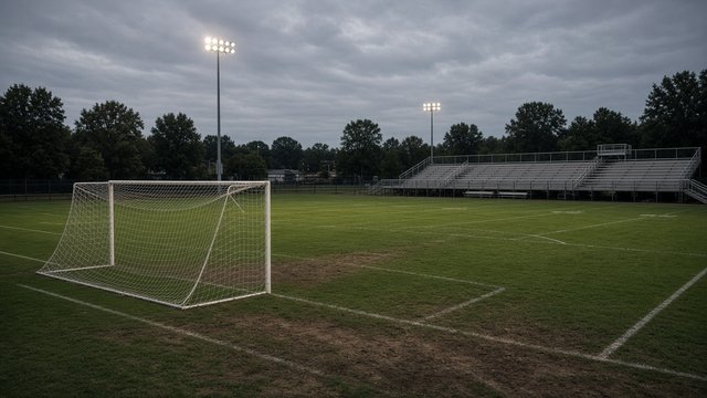 An empty high school soccer field under lights, the goal mouth worn and the bleachers empty along the sideline