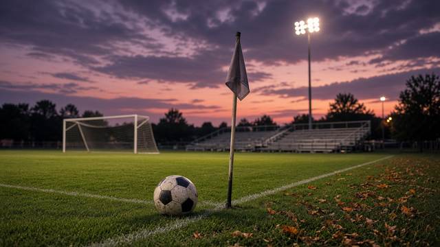 A soccer ball beside a corner flag on a high school field at dusk, with a goal, empty bleachers and field lights under a purple and orange sky and fallen leaves on the sideline