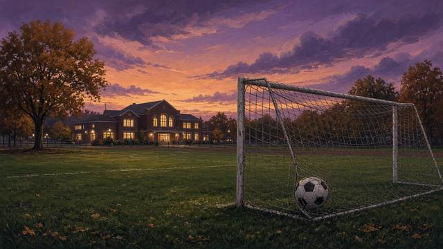 A soccer ball in the back of a goal net on a grass field at dusk, with a lit brick school building and autumn trees under a purple and orange sky