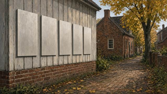 Five blank pale metal panels mounted on a weathered gray wooden wall above a brick base, along a brick-paved lane with an old brick house and yellow autumn leaves