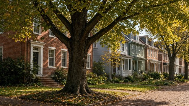 Brick and frame houses on a tree-lined street in Easton's historic district