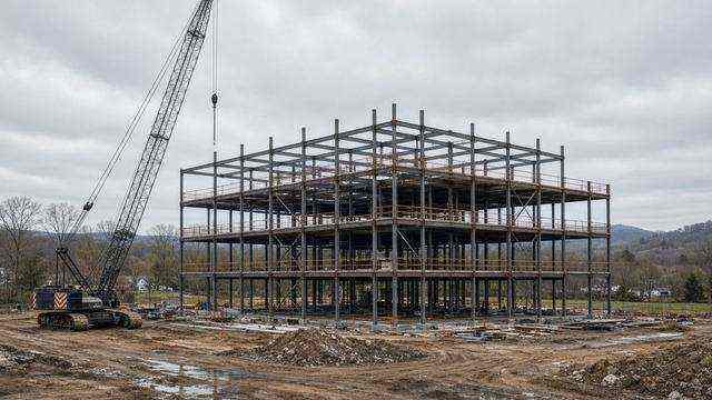 Hospital construction site on Longwoods Road, crane over steel
