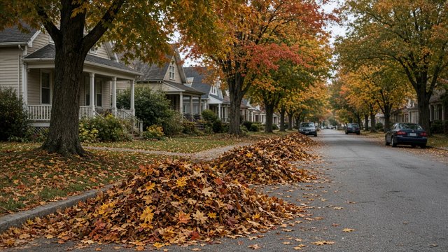 Curbside autumn leaves along a quiet Easton residential street