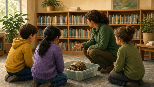 Children and a naturalist kneeling around a clear tub holding a box turtle in a library