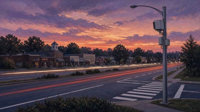A four-lane highway at the edge of a small town at dusk, with streaks of headlights and taillights, a striped crosswalk and a gray pole carrying a boxy camera unit