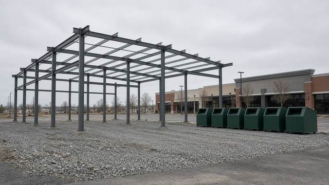 The steel frame of a pole building going up on a gravel lot beside a row of green donation bins in a shopping center parking lot