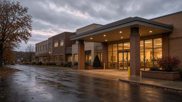 Hospital emergency entrance at dusk with an ambulance bay