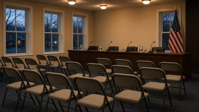 Rows of empty folding chairs facing a long wooden table with microphones and water pitchers in a meeting room at dusk, with an American flag beside tall windows