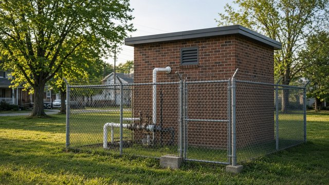 Small brick well house behind a chain-link fence on a grassy lot