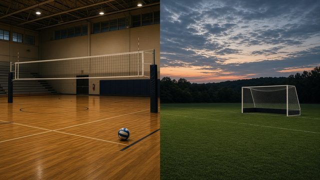 Empty high school gym with a volleyball net on a hardwood court