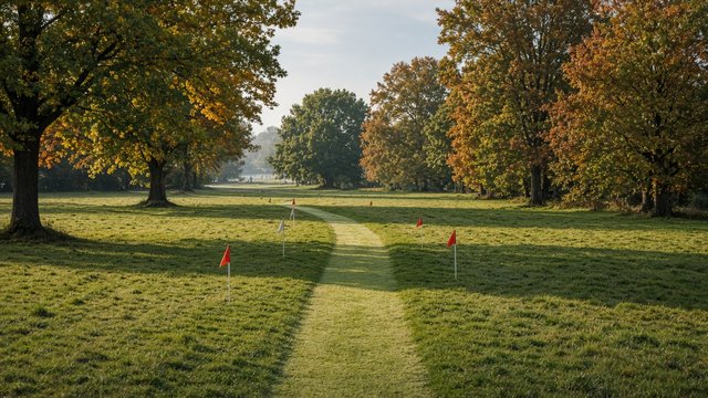 Photorealistic empty cross country course on a grass park field lined with autumn trees