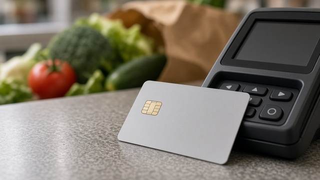 A blank gray card with a gold chip leaning against a card payment terminal on a store counter, with fresh vegetables and a paper grocery bag behind