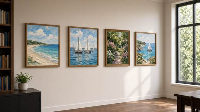 Framed paintings of a beach, sailboats and a garden path hang on a sunlit library wall.