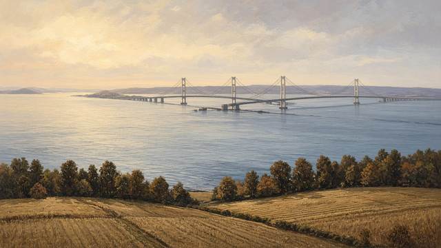 A long suspension bridge crosses wide open water, seen past a row of autumn trees and harvested fields