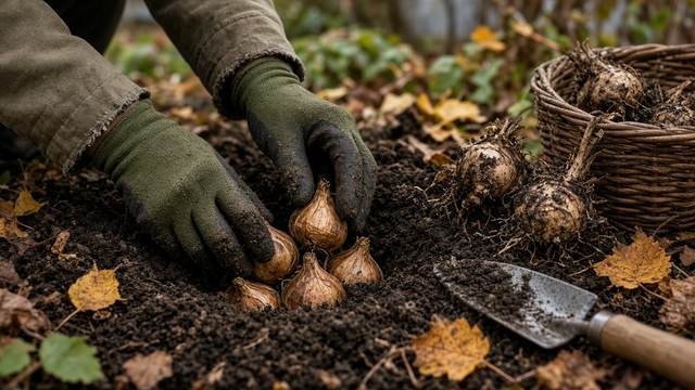 Gloved hands setting bulbs into dark garden soil beside a trowel and a basket of lifted dahlia tubers
