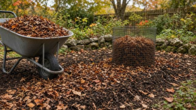 A wheelbarrow of fallen autumn leaves beside a leaf-mulched garden bed and a round wire compost bin full of leaves