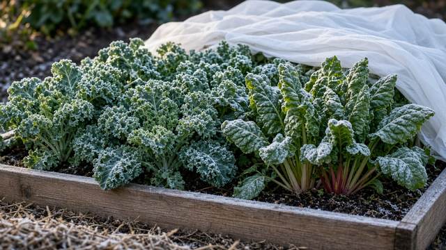 Frost-covered kale and Swiss chard in a wooden raised bed, with a white row cover pulled back over one end