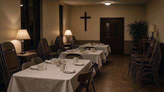 Quiet Easton church hall set for an evening community gathering