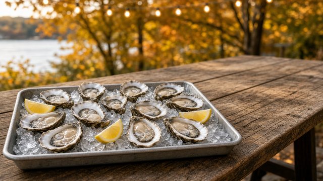 Tray of freshly shucked oysters on ice beside a long harvest table outdoors in autumn