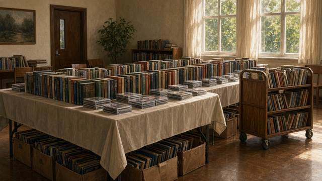 Long tables lined with used books and stacks of DVD cases in a sunlit library meeting room, with boxes of books underneath and a wooden book cart