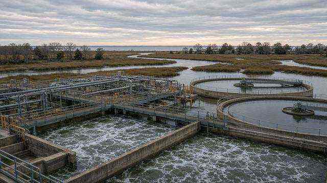 Easton wastewater treatment plant structures along the Shore skyline