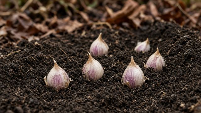 Garlic cloves set pointed tip up in a shallow garden furrow