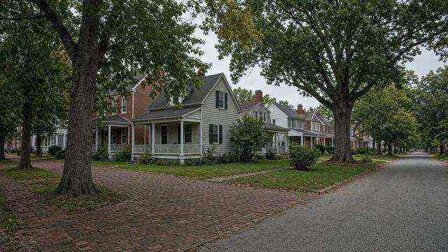 Quiet residential street on The Hill in Easton, empty of people