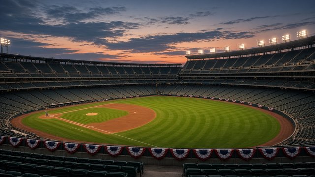 Empty major league ballpark at dusk with lights on