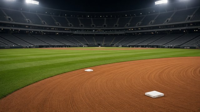 Empty major league baseball infield at night under lights
