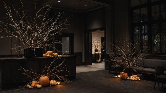 A dim lobby decorated with bare branches, pumpkins, and small candles.
