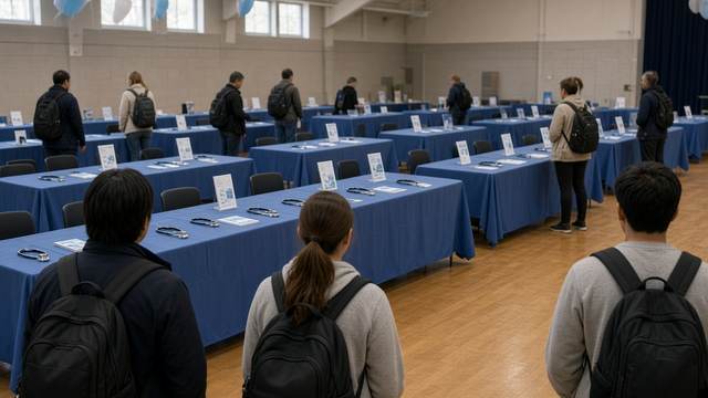 Visitors seen from behind walk among rows of blue-covered tables holding stethoscopes and pamphlets in a large college hall.