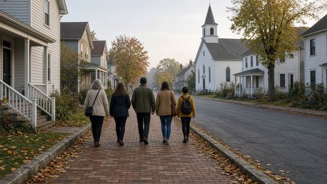 A small group walks away along a brick sidewalk past older frame houses and a white wooden church on a quiet tree-lined street.