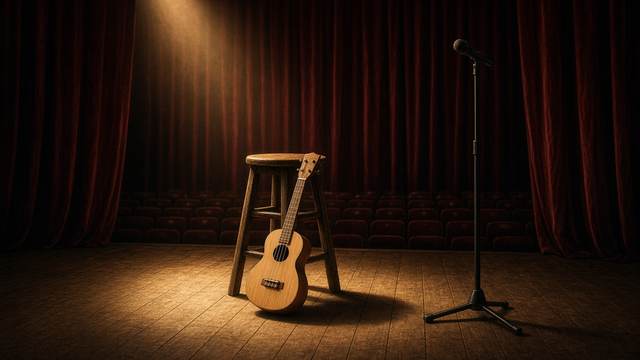 A ukulele leaning against a wooden stool in a spotlight on an empty theater stage, with a microphone stand, red velvet curtains and empty seats behind