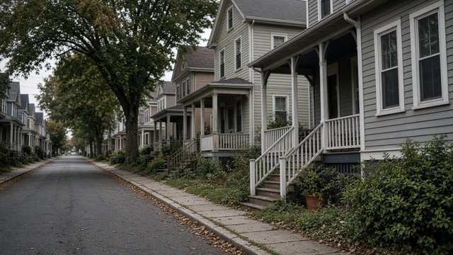Quiet residential lane with older frame houses in Easton's Hill neighborhood