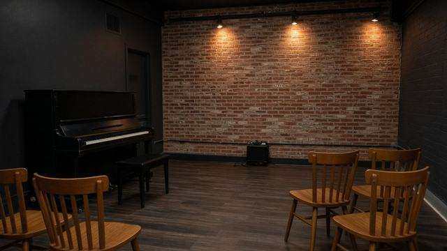 Piano and empty chairs in the Stoltz Listening Room at the Avalon Foundation