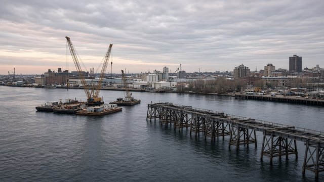 Construction barges and cranes on the Patapsco River near Baltimore