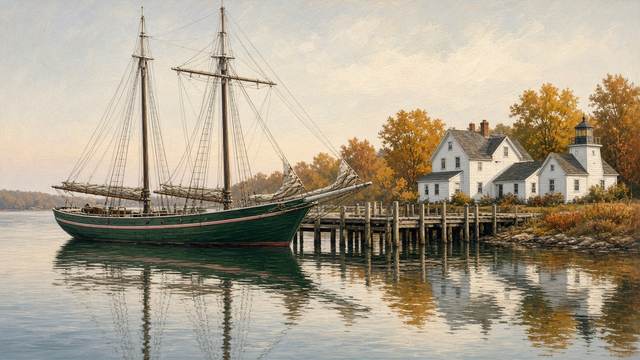 A two-masted wooden schooner with a dark green hull and a pink stripe tied to a wooden pier on a calm harbor, with white clapboard buildings and a small lighthouse among autumn trees on shore