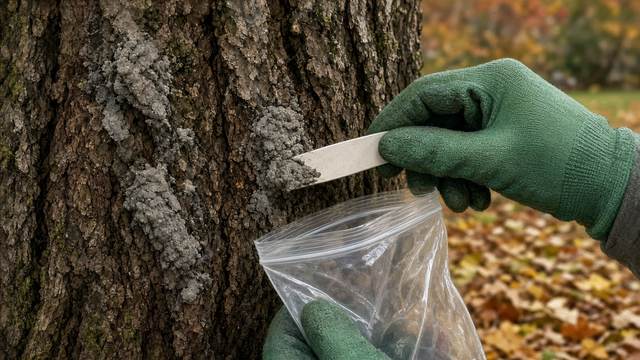 A gloved hand scraping gray, mud-like egg masses off tree bark with a plastic card into a clear zip-top bag, with fallen autumn leaves behind