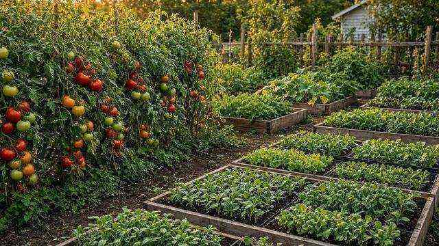 Tomato vines and seed flats in a Shore garden at evening