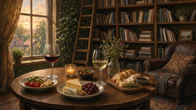 Glasses of red and white wine beside a small plate of cheese and bread on a table