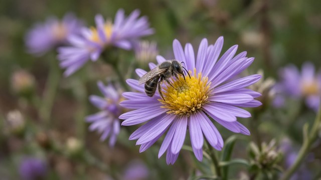 Native bee on a fall aster in a home garden bed