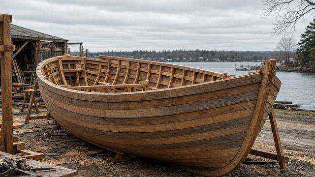Wooden workboat hull in the CBMM shipyard, St. Michaels