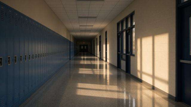 School hallway of lockers in late-afternoon light, no people