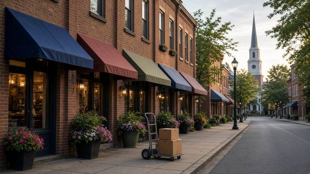 A small-town main street of brick storefronts with colored awnings and lit windows in early morning, with flower planters, a hand truck stacked with boxes and a church steeple beyond