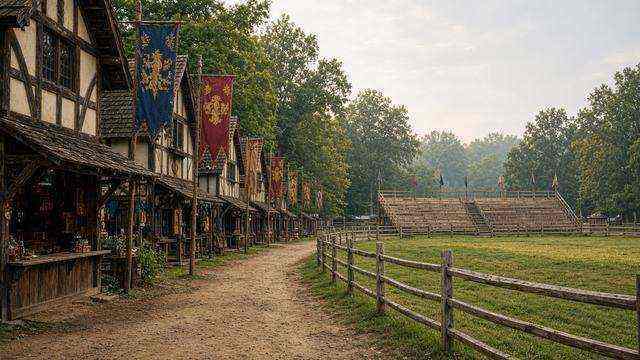 Empty Renaissance festival village lane and timbered shops at Revel Grove